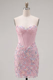Sweetheart Corset Bodycon Blue Floral Homecoming Dress with Appliques