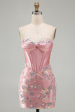 Sweetheart Corset Bodycon Blue Floral Homecoming Dress with Appliques