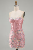 Sweetheart Corset Bodycon Blue Floral Homecoming Dress with Appliques