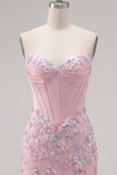 Sweetheart Corset Bodycon Blue Floral Homecoming Dress with Appliques