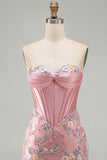 Sweetheart Corset Bodycon Blue Floral Homecoming Dress with Appliques