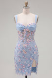Green Floral Appliqued Ruched Bodycon Corset Homecoming Dress with Slit