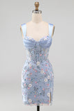 Green Floral Appliqued Ruched Bodycon Corset Homecoming Dress with Slit