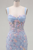 Green Floral Appliqued Ruched Bodycon Corset Homecoming Dress with Slit