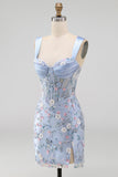 Green Floral Appliqued Ruched Bodycon Corset Homecoming Dress with Slit