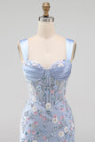 Green Floral Appliqued Ruched Bodycon Corset Homecoming Dress with Slit