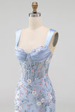 Green Floral Appliqued Ruched Bodycon Corset Homecoming Dress with Slit