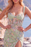 Green Floral Appliqued Ruched Bodycon Corset Homecoming Dress with Slit