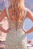 Green Floral Appliqued Ruched Bodycon Corset Homecoming Dress with Slit