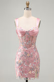 Green Floral Appliqued Ruched Bodycon Corset Homecoming Dress with Slit