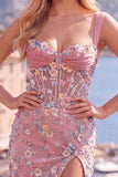Green Floral Appliqued Ruched Bodycon Corset Homecoming Dress with Slit