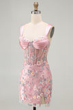 Green Floral Appliqued Ruched Bodycon Corset Homecoming Dress with Slit