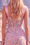 Green Floral Appliqued Ruched Bodycon Corset Homecoming Dress with Slit