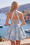 Blue A Line Halter Jacquard Short Homecoming Dress with Lace-up Back