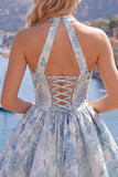 Blue A Line Halter Jacquard Short Homecoming Dress with Lace-up Back