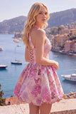Blue A Line Halter Jacquard Short Homecoming Dress with Lace-up Back