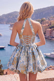 Blue A Line Halter Jacquard Short Homecoming Dress with Lace-up Back