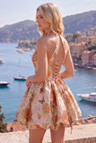 Blue A Line Halter Jacquard Short Homecoming Dress with Lace-up Back