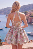 Blue A Line Halter Jacquard Short Homecoming Dress with Lace-up Back