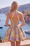 Blue A Line Halter Jacquard Short Homecoming Dress with Lace-up Back