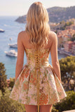 Strapless A Line Orange Jacquard Homecoming Dress with Lace-up Back