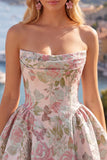 Strapless A Line Orange Jacquard Homecoming Dress with Lace-up Back
