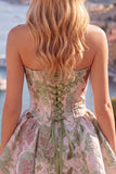 Strapless A Line Orange Jacquard Homecoming Dress with Lace-up Back