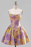 Strapless A Line Orange Jacquard Homecoming Dress with Lace-up Back