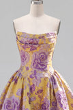Strapless A Line Orange Jacquard Homecoming Dress with Lace-up Back