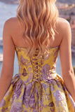 Strapless A Line Orange Jacquard Homecoming Dress with Lace-up Back