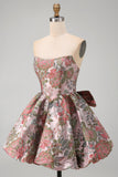 Yellow Jacquard Strapless A Line Homecoming Dress with Bow