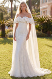 Lace White Off the Shoulder Mermaid Wedding Dress with Veil
