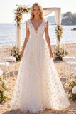 White A Line V Neck Daisy Embroidered Wedding Dress