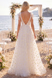 White A Line V Neck Daisy Embroidered Wedding Dress