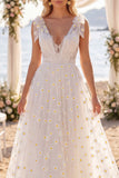 White A Line V Neck Daisy Embroidered Wedding Dress