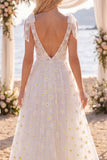 White A Line V Neck Daisy Embroidered Wedding Dress