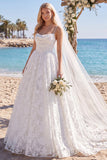 White Floral Print Spaghetti Straps A Line Ruched Wedding Dress with Veil
