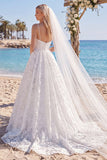 White Floral Print Spaghetti Straps A Line Ruched Wedding Dress with Veil