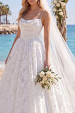 White Floral Print Spaghetti Straps A Line Ruched Wedding Dress with Veil