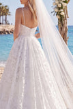 White Floral Print Spaghetti Straps A Line Ruched Wedding Dress with Veil