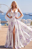 White Purple Flower Printed V-Neck A Line Beach Wedding Dress with Veil