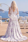 White Purple Flower Printed V-Neck A Line Beach Wedding Dress with Veil
