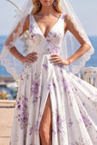 White Purple Flower Printed V-Neck A Line Beach Wedding Dress with Veil