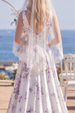 White Purple Flower Printed V-Neck A Line Beach Wedding Dress with Veil