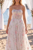 Strapless White Pink Flower Beaded A Line Wedding Dress with Veil
