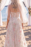 Strapless White Pink Flower Beaded A Line Wedding Dress with Veil