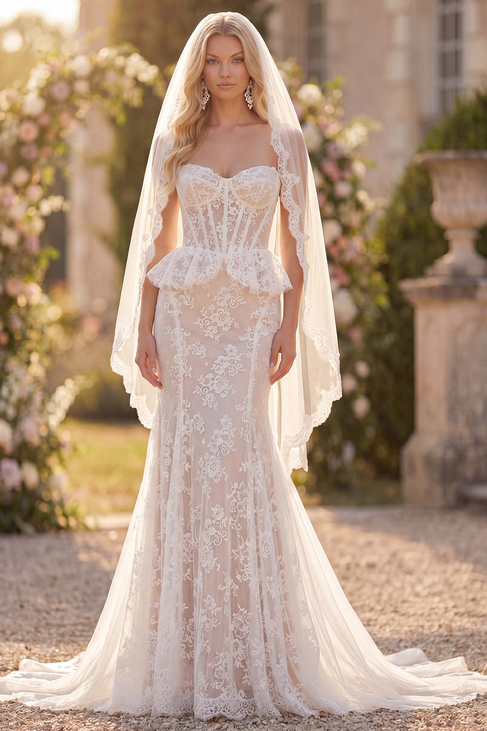 Wedtrend Women White Lace Mermaid Wedding Dress Corset Strapless Bridal Dress with Veil, White / US2