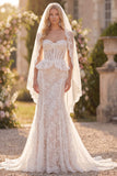 Corset White Lace Strapless Mermaid Wedding Dress with Veil