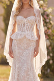 Corset White Lace Strapless Mermaid Wedding Dress with Veil