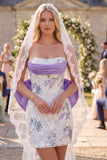 White Purple Flower Strapless Lace Ruched Tight Short Wedding Dress with Bow